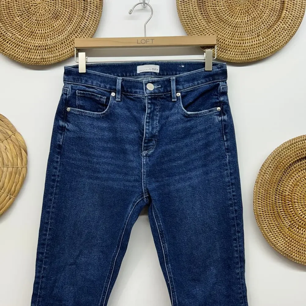 LOFT High Waist Kick Crop Jeans 29 / 8 Blue High Rise Denim Raw Edge Distressed - Picture 3 of 5